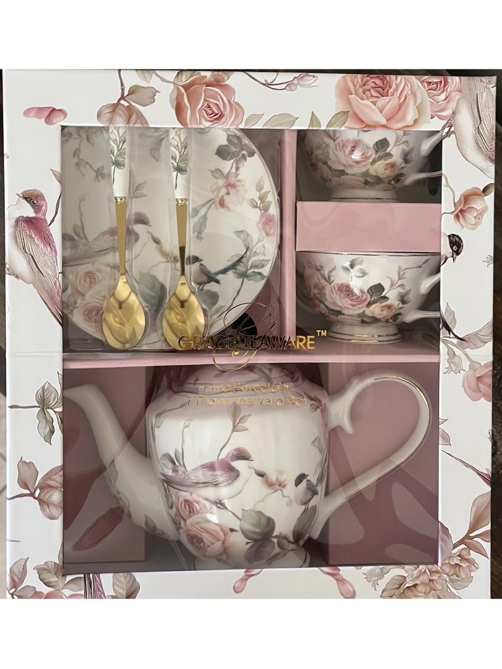 Grace Teaware Fine Porcelain Tea Cup Pot Gift Set Floral Magnolia Bird 7 Piece